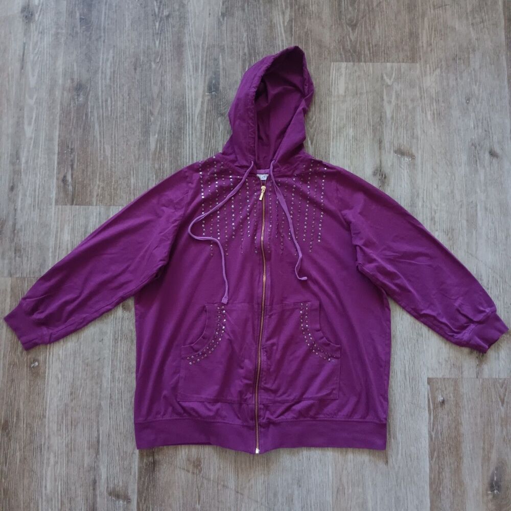 Roaman's Zip Up Hoodie Sweater Womens Large Studded Pockets Cotton Magenta Pink